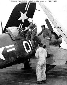 Capt. Booker with F4U-5P on USS Valley-Forge
